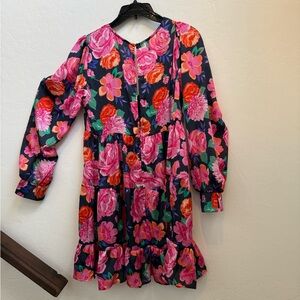 Floral Long-Sleeve Tiered Blouse Dress - Pink & Navy